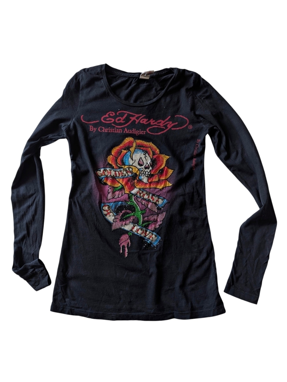 Ed Hardy Christian Audigier Y2K Golden Rose Of Love Rhinestone Vtg Top Skull XS